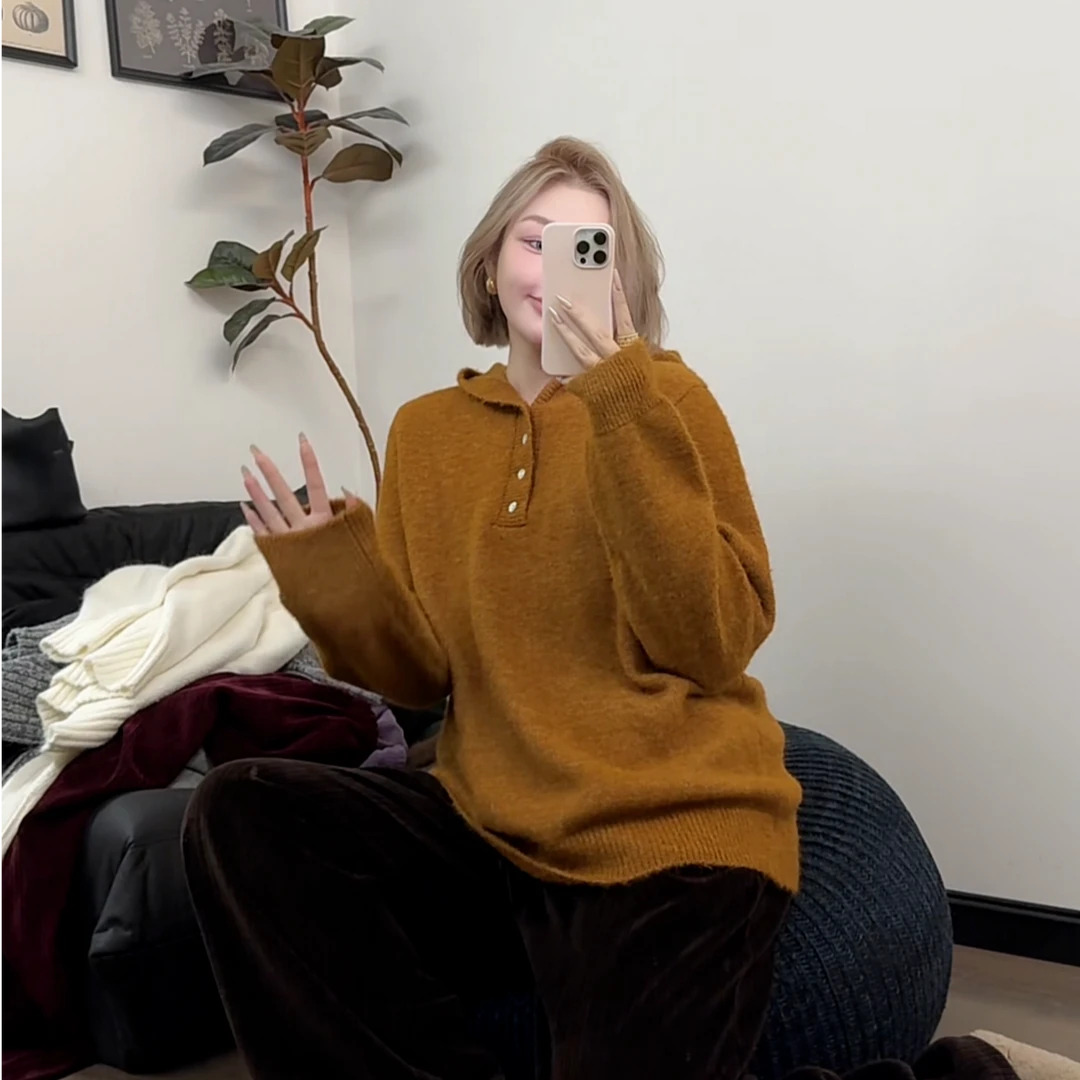 【瘦瘦】南瓜派对-秋冬三色半门襟连帽百搭显瘦开衫长袖毛衣S01087