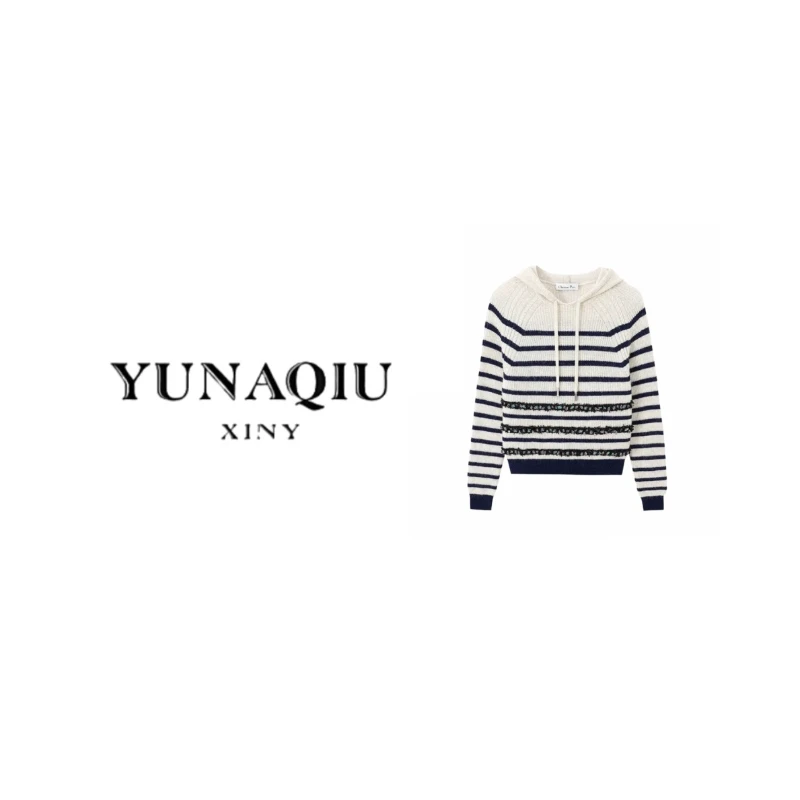YUNAQIU-连帽横条纹连帽粗针羊毛针织毛衣-9886