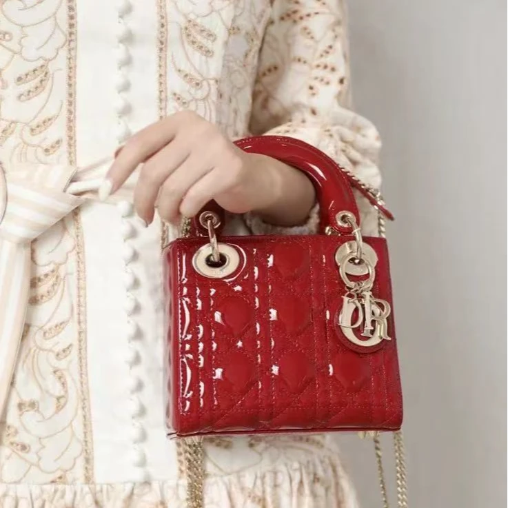 95新 DIOR/迪奥 坤球奢选 迪奥红金三格漆皮戴妃斜挎包