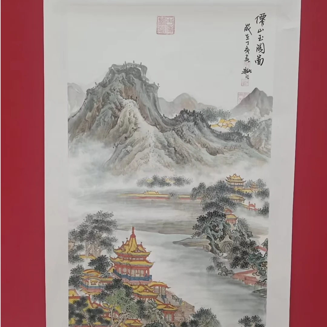 李新社手绘宣纸四尺竖幅仙山玉阁--山水画