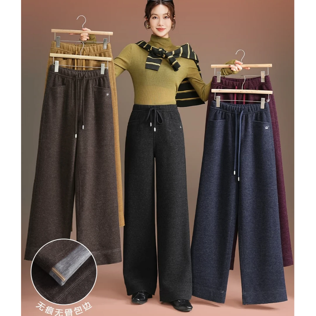 五只白鹅五只白鹅秋冬款洋绒尼富婆双边阔腿裤加绒加厚直筒阔腿裤