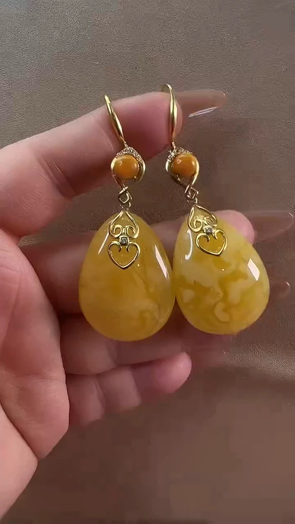 【闪购商品】琥珀耳饰银S925镶嵌耳环