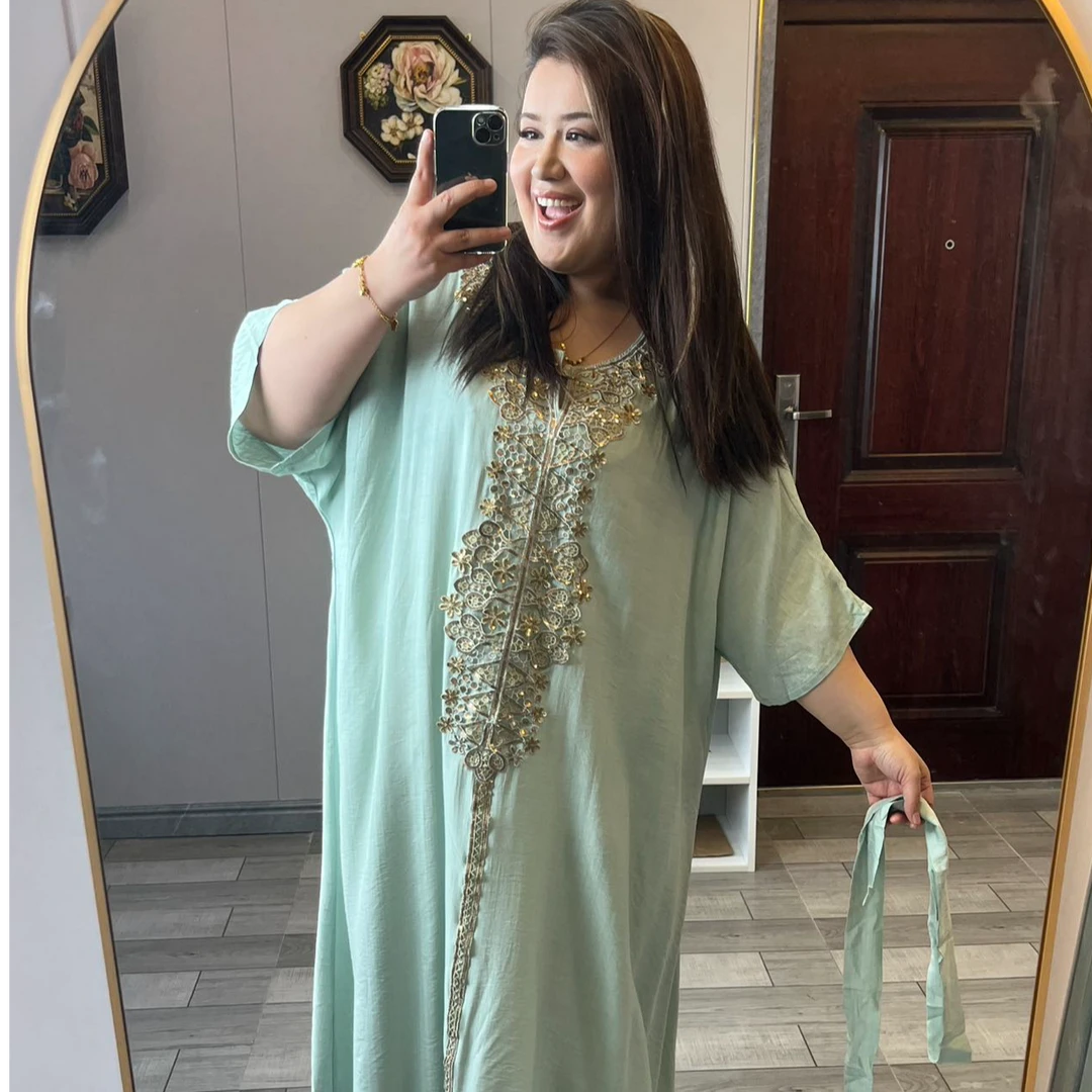 大码系带刺绣宽松腰圆领A字裙连衣裙女装纯色长裙时尚夏季设计师