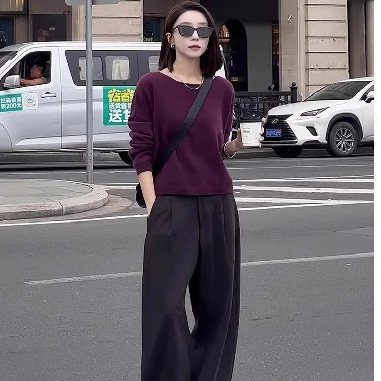 今年流行漂亮套装女秋季新款紫色宽松时尚卫衣休闲阔腿长裤两件套