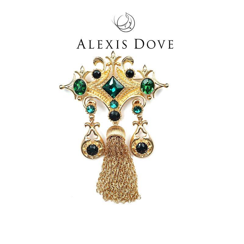 铜合金合成锆石胸针  宫廷风重工做旧流苏胸针V