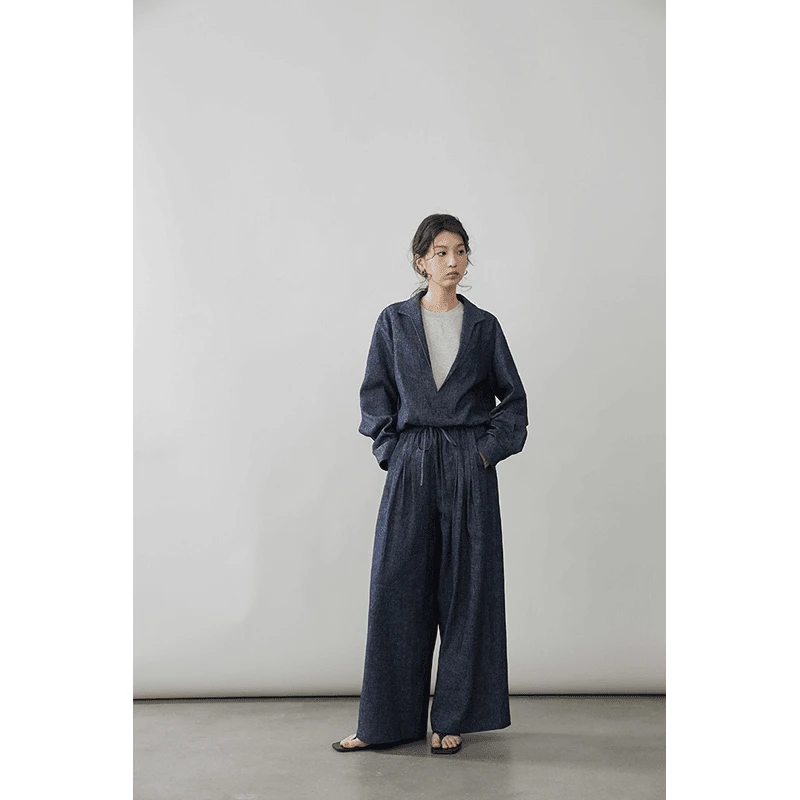 套装女2025春季复古蓝V领牛仔套装高级假两件外套宽松阔腿长裤