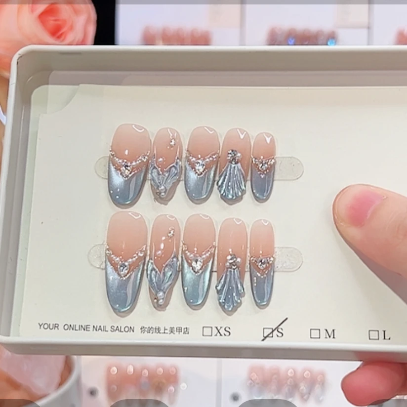 【冰蓝鱼尾】纯手工法式蓝色猫眼穿戴甲时尚轻奢显白高级感美甲贴片