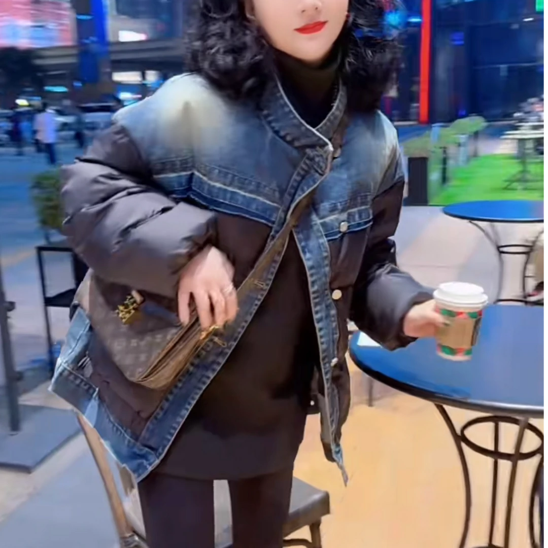 重工欧货2024冬新款欧货女款oversize无领拼接牛仔羽绒服外套8963