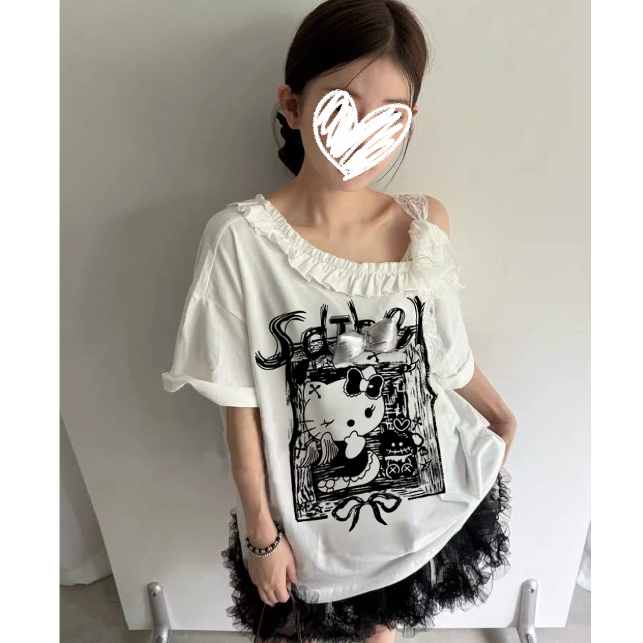 泡泡谷PaoPaoGu 韩系新款爆款黑色斜肩短袖t恤夏慵懒宽松kt猫上衣