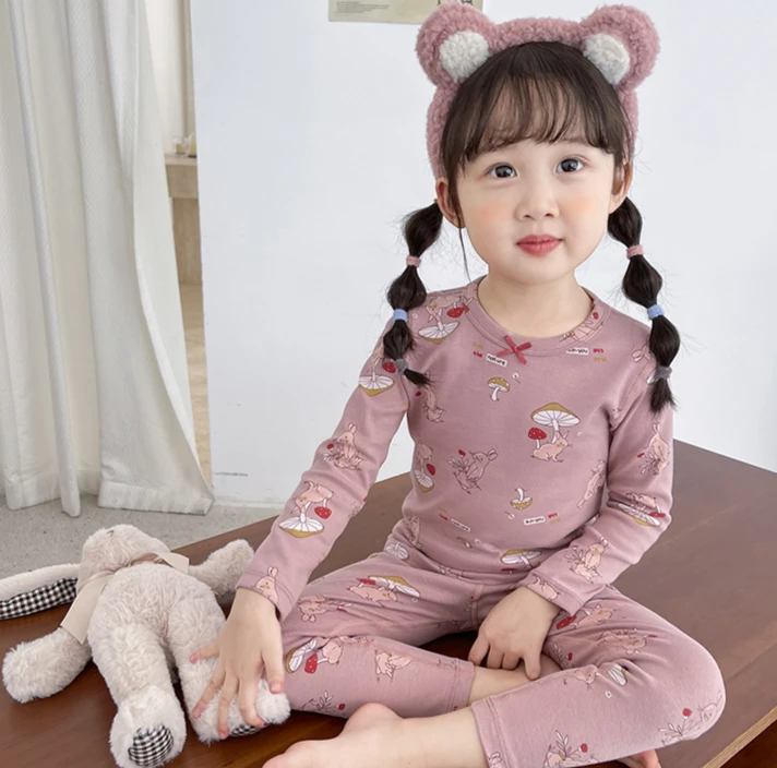 A14 儿童秋衣套装  皮粉蘑菇兔 【280克棉】