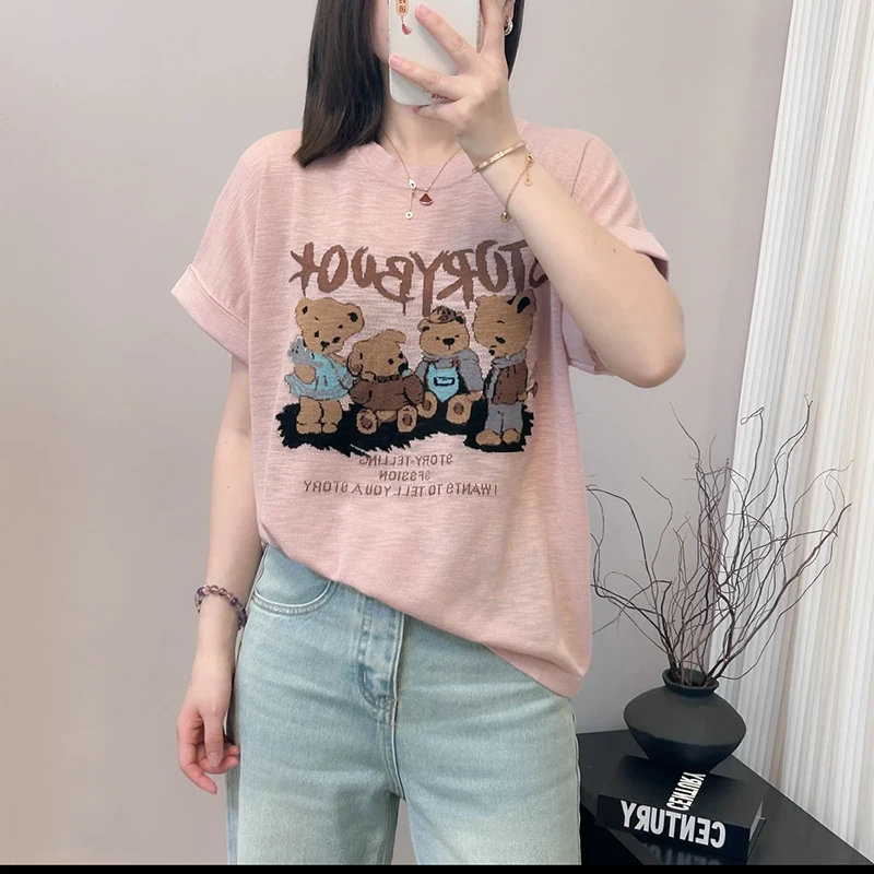 2025春夏新款宽松中长款慵懒休闲风印花短袖T恤衫上衣LK2503007