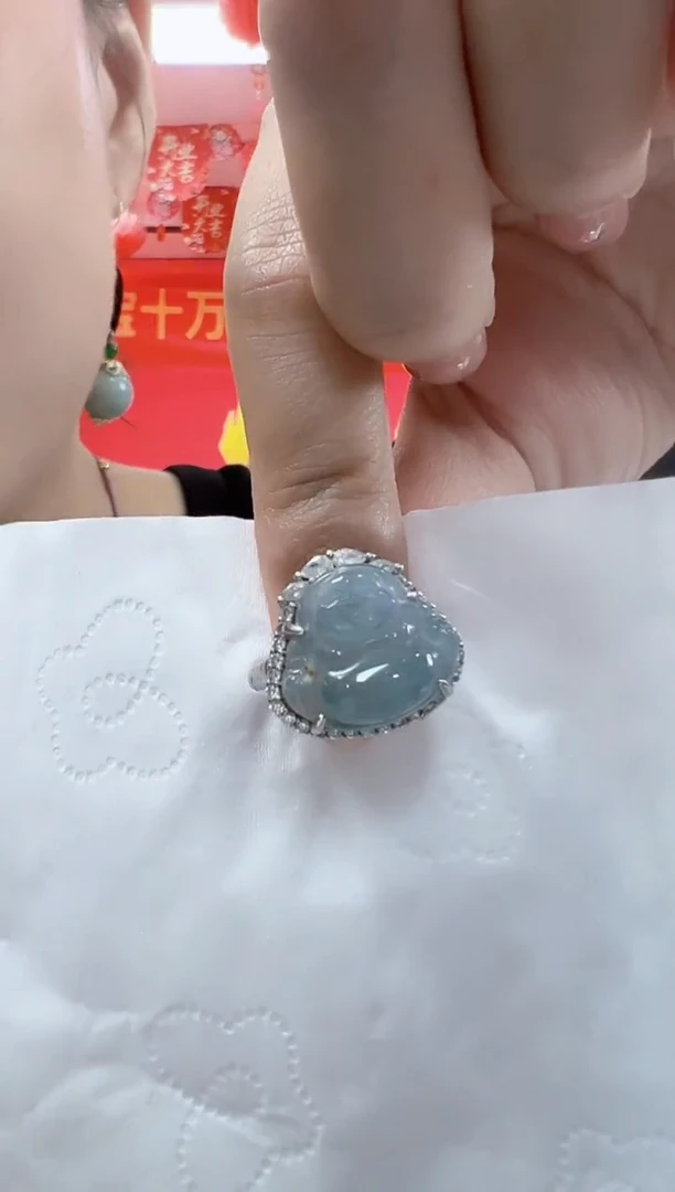 银S925镶嵌戒指翡翠孤品佛公戒指