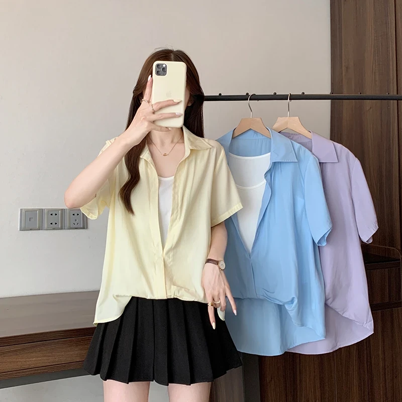 2025夏装新胖mm大码女时尚休闲假两件撞色别致小衫短袖上衣