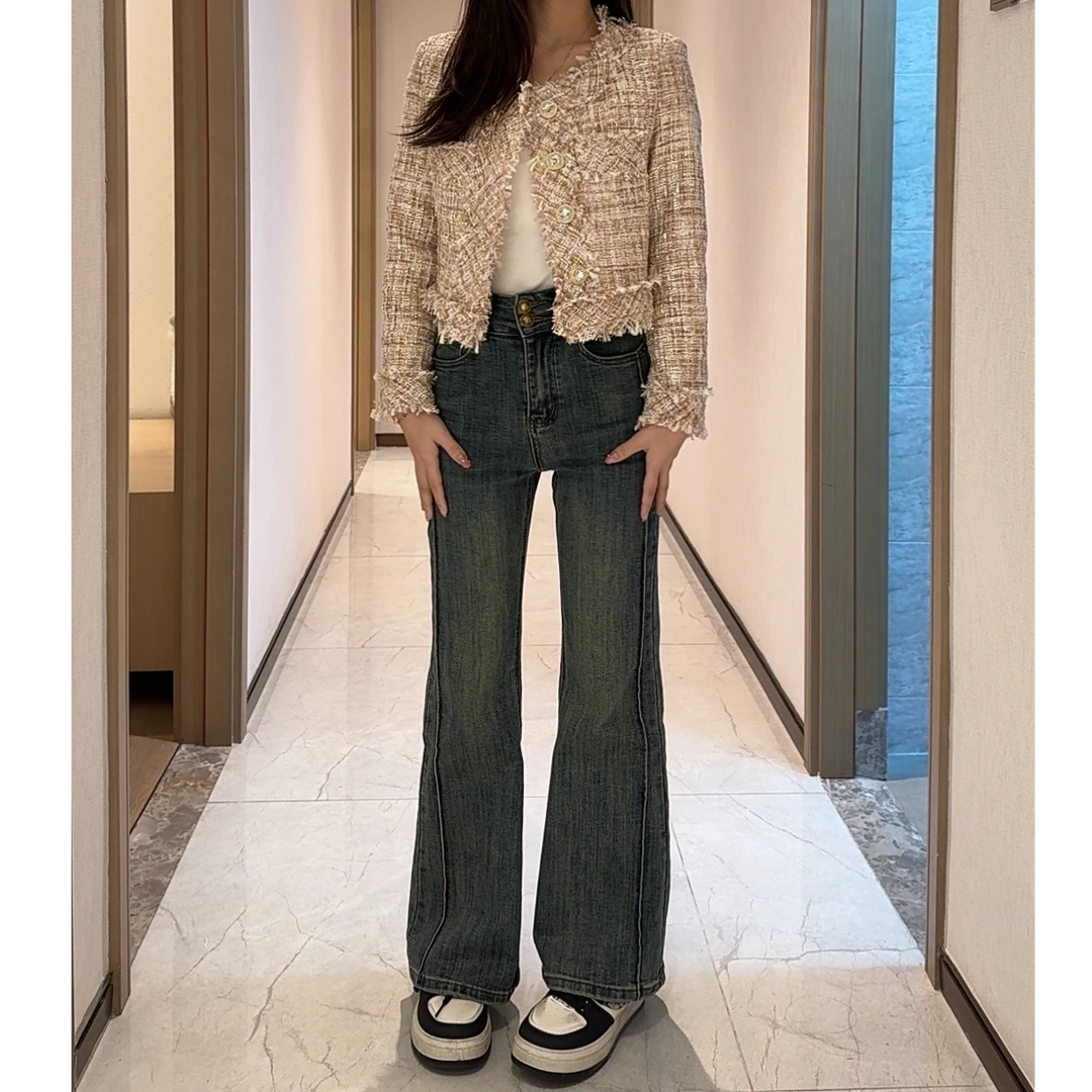 （单层，加绒，随机发货）小个子牛仔裤女微喇弹力修身显高喇叭裤3112