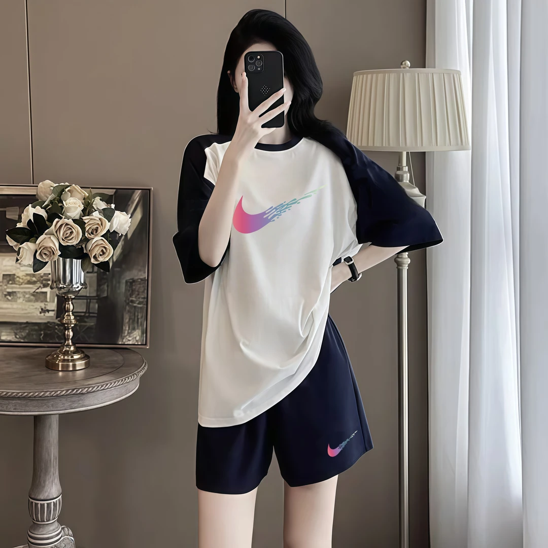 旗舰店奥特莱斯官方正品短裤夏季咏颖半袖宽松拼接撞色一整套时尚