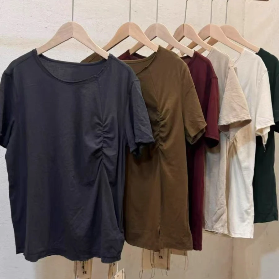 忆古朴拙241224春夏新款打皱设计小开叉宽松女士百搭短袖T恤