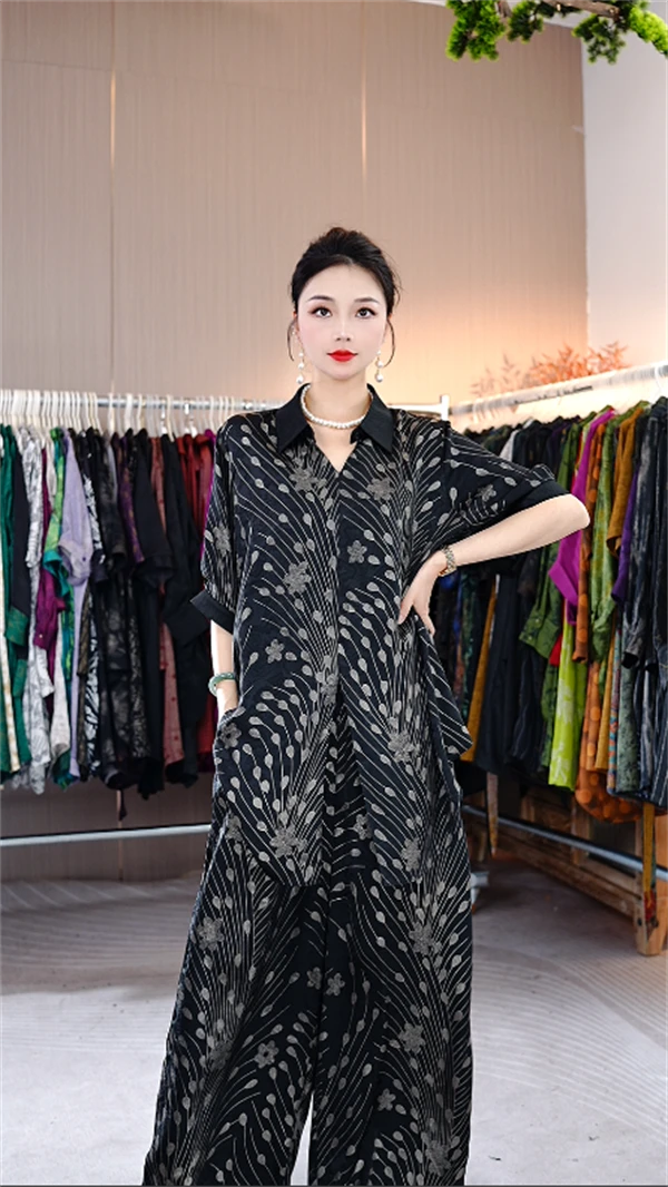 夏款上新【夏叶】黑色显瘦大码女装通勤高档上衣裤子套装-7211#