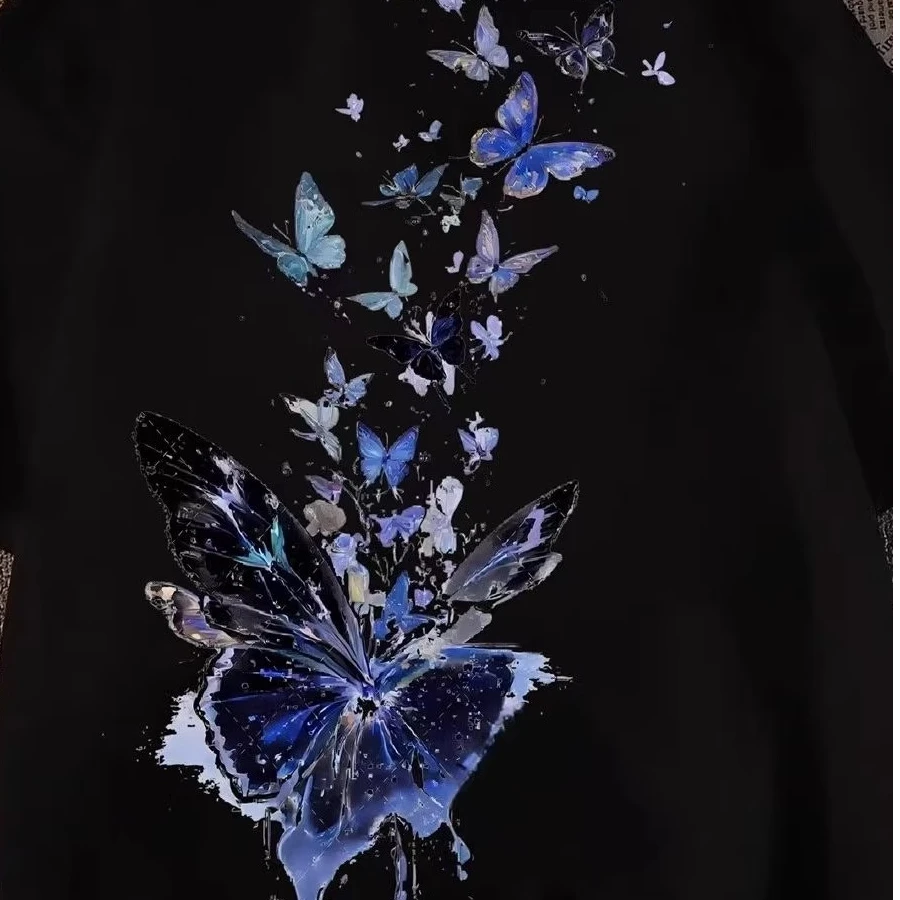 夏季美式复古vintage蝴蝶印花短袖t恤男女宽松街头风百搭半袖上衣