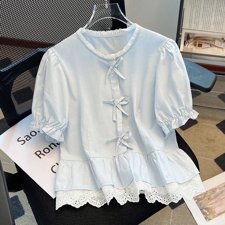 女童夏季新款短袖中大童甜美花边蝴蝶结衬衫宽松娃娃衫短款上衣