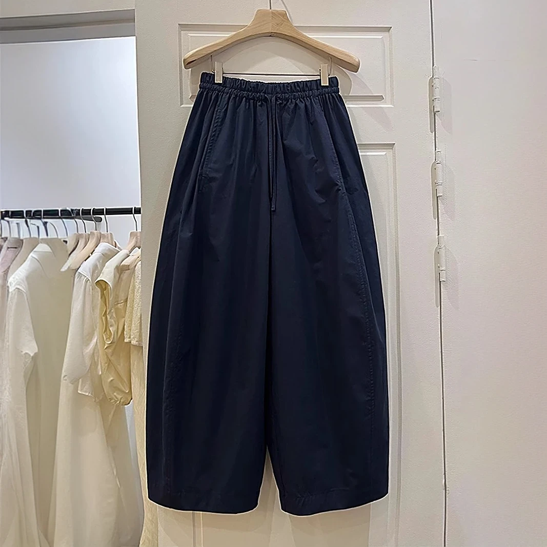 欧货松紧高腰休闲阔腿裤女2025春夏新款时尚宽松显瘦九分弯刀裤潮