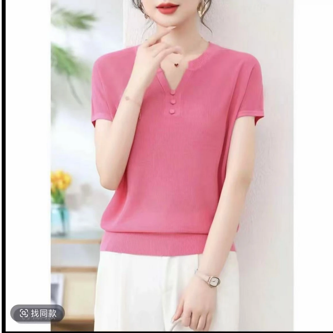 女士100莱赛尔剪刀领纽扣套头夏季百搭显瘦