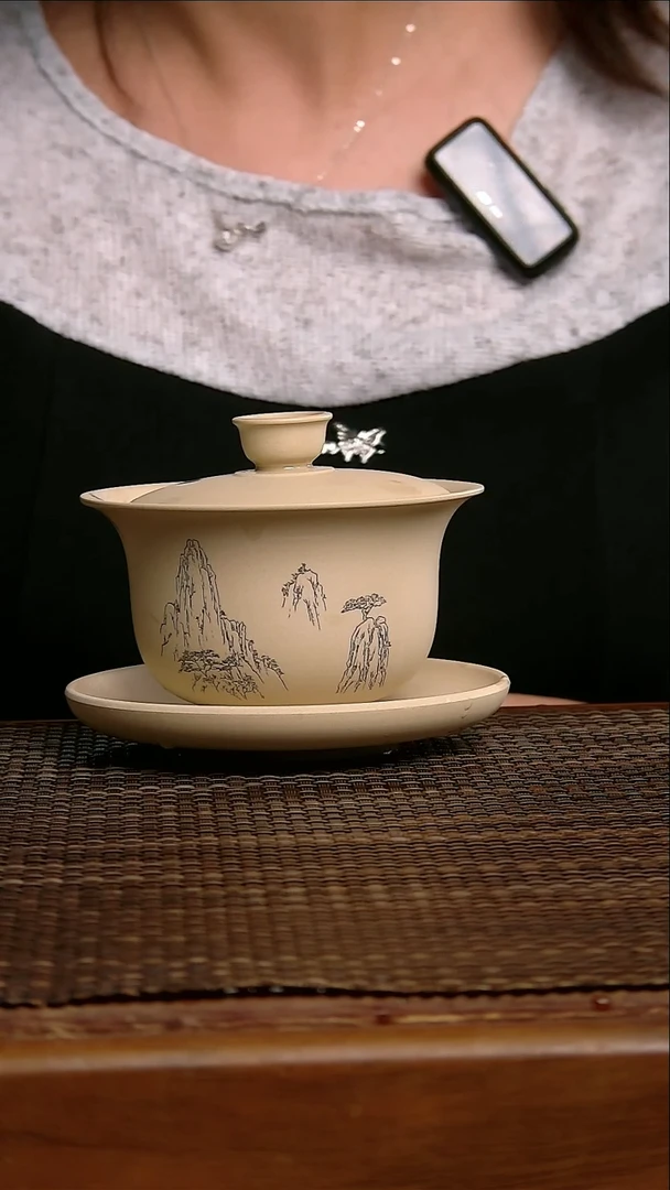 手柄款瓷白泥白描盖碗0001 山峰