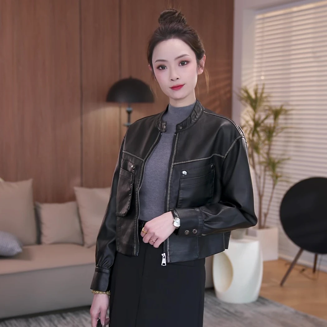 2025开春新款蛋白软皮宽松型短款纽扣休闲擦色皮衣