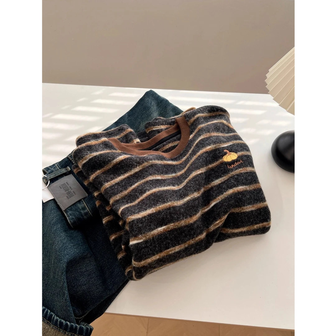 特大码300斤韩系刺绣撞色条纹长袖T恤男女秋冬季新款爆款宽松上衣