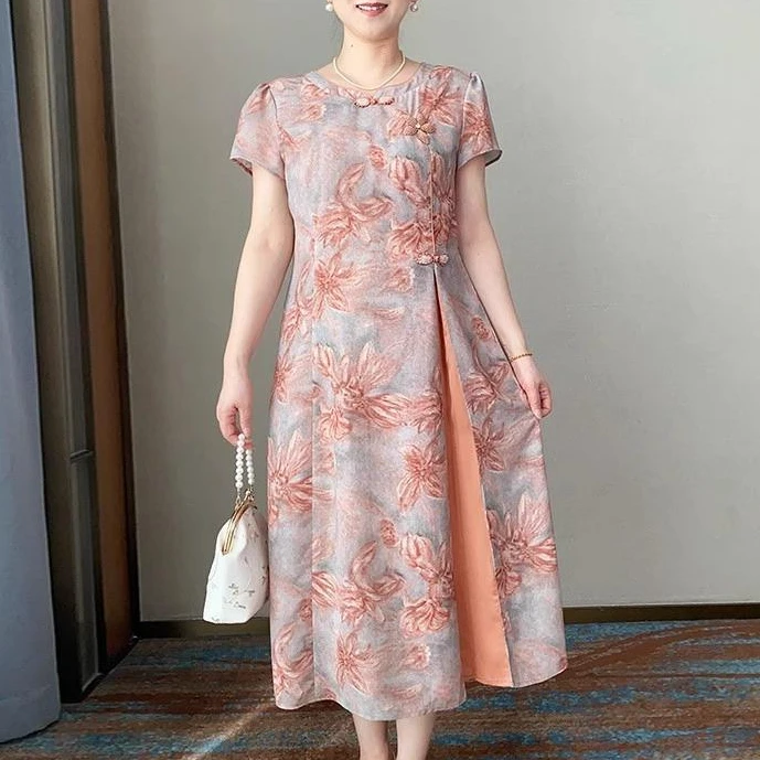 妈妈夏装改良新中式连衣裙中年女洋气短袖裙子中老年时尚减龄长裙