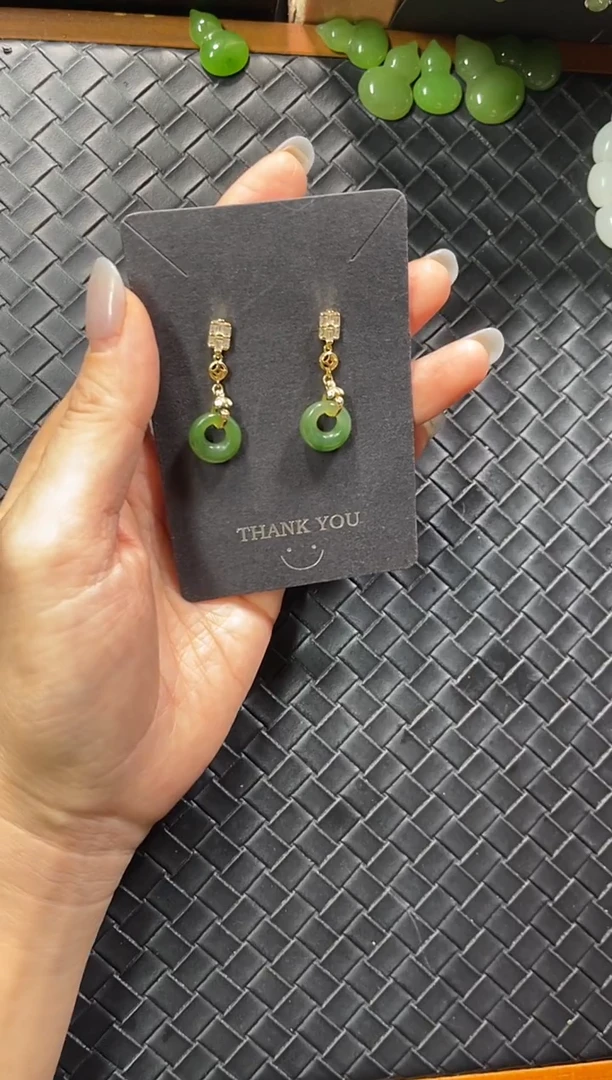 颈饰银S925镀金镶嵌和田玉（碧玉）公主环耳饰一对