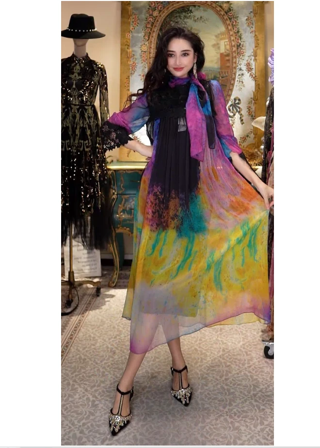 【欧宝莱尔】新款撞色长袖长款连衣裙58-4608