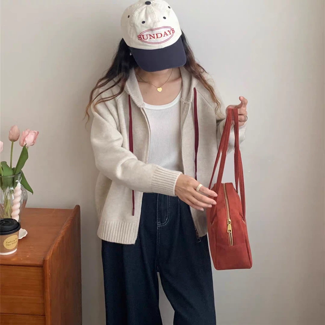 B 门店6/9&9！米薯外套」重磅800g舒适百搭连帽针织上衣女 T4781