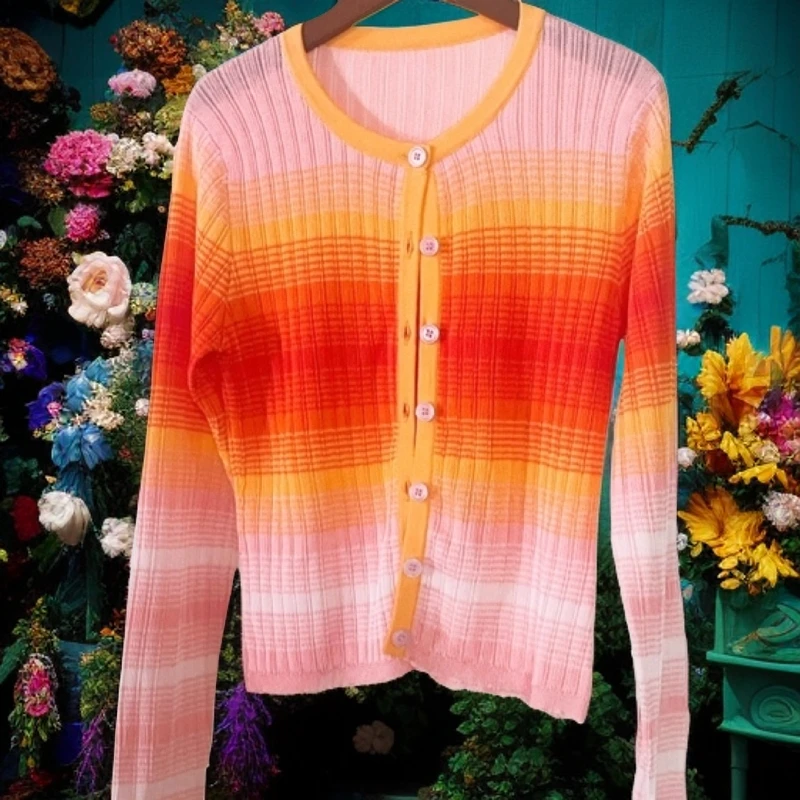 春季针织衫春日渐变开衫长袖短款毛针织衫毛衣女外搭