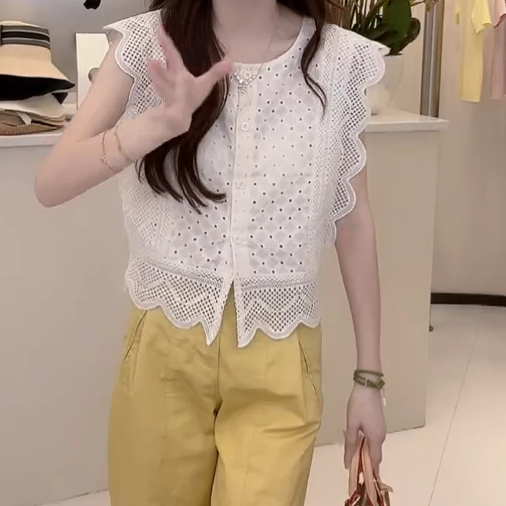 法式荷叶边蕾丝拼接镂空短袖小衫时尚百搭上衣