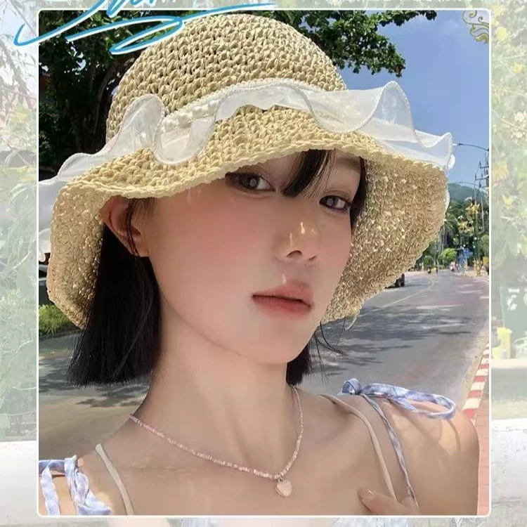 法式蕾丝珍珠花边草帽女夏日系海边遮阳手工编织帽子可折叠防晒帽