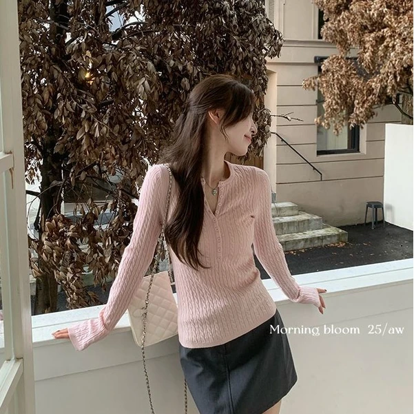 粉色亨利领百搭麻花针织衫女2026年秋冬穿搭打底内搭上衣毛衣女装