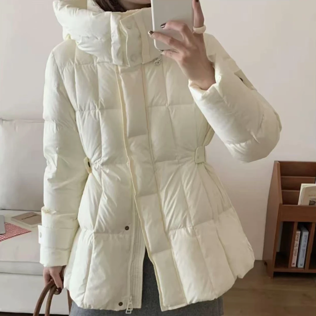 韩版收腰修身羽绒服女中长款25年冬白鸭绒气质保暖显瘦连帽外套