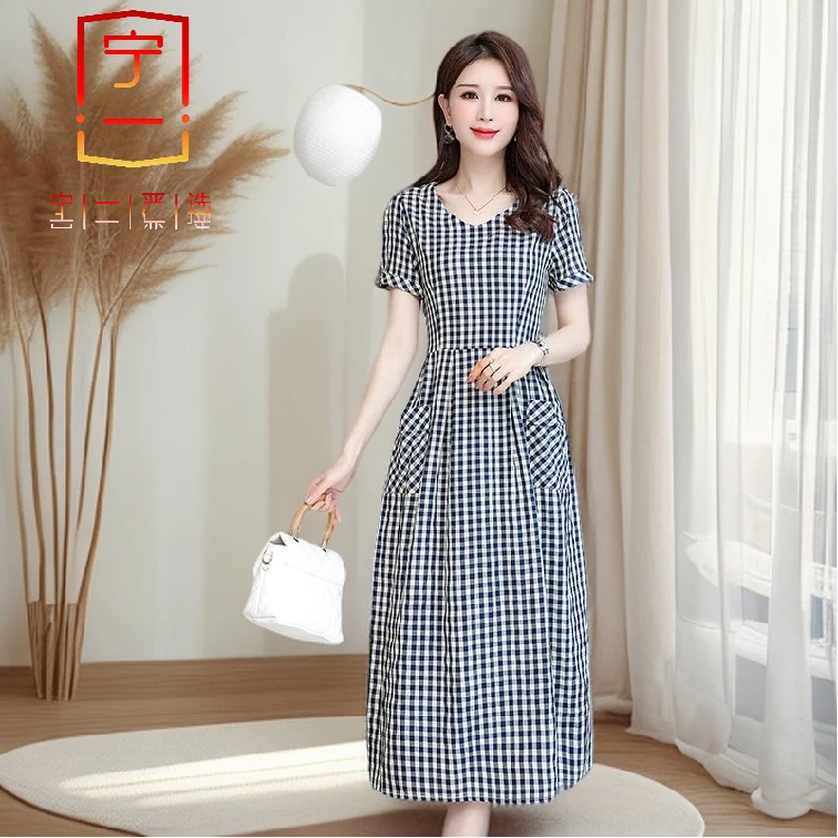 【 宁一女装】 时尚洋气显瘦新款高端棉绸连衣裙夏天薄款外穿妈妈装