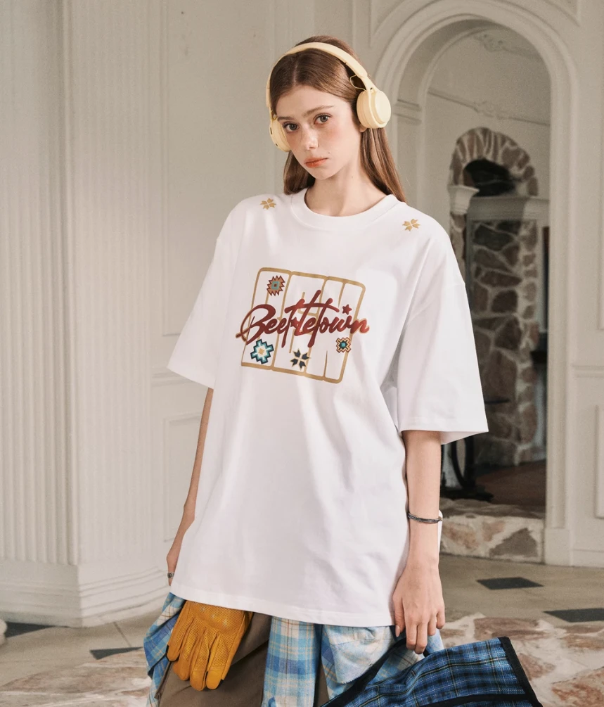 〖旎楠〗T恤夏美式复古印花短袖季宽松新款上衣半袖t