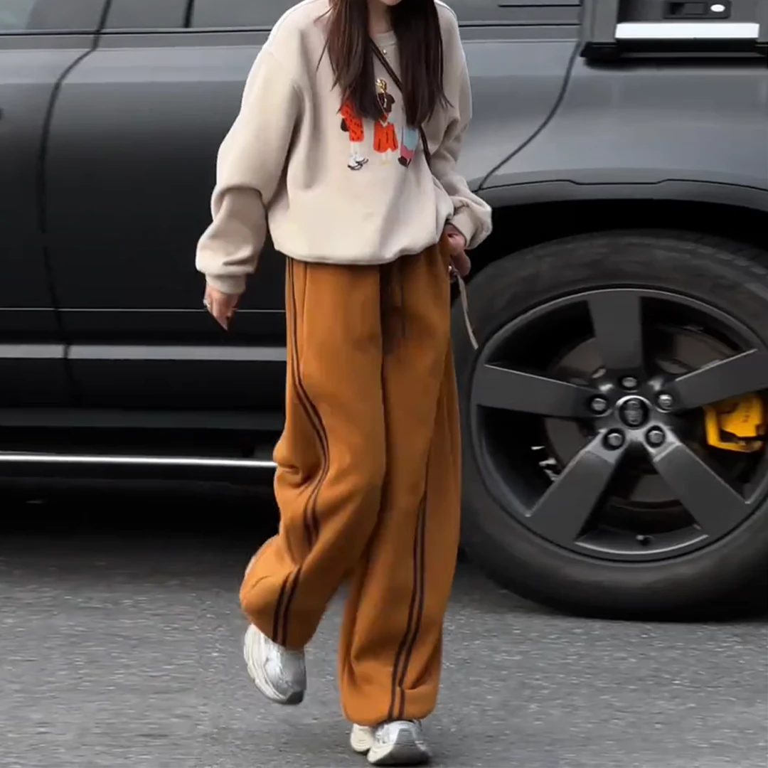 加厚奥粒绒三道杠抽绳束脚两穿卫裤女保暖加绒侧条纹休闲运动裤子