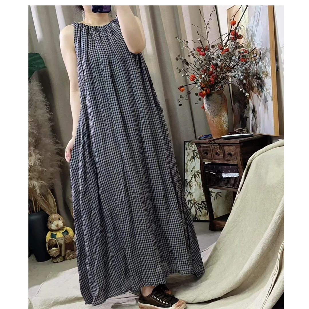 （忆南）亚麻肩带系绳背心长袍（裙长125胸围140）