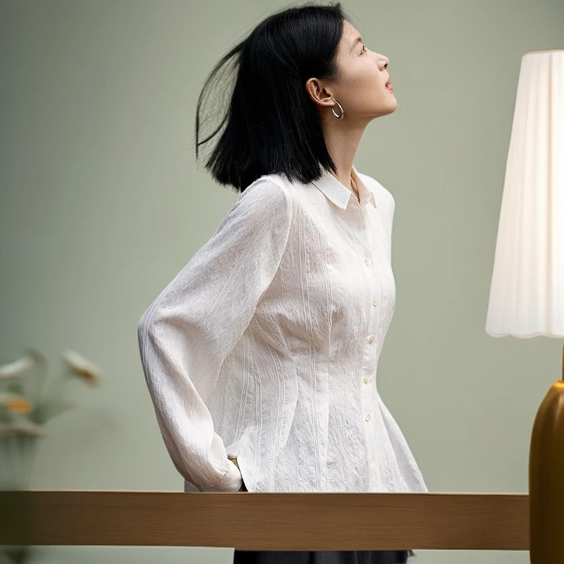 轻法式压褶收腰设计优雅长袖衬衫女2025年蕾丝气质中国风小众上衣