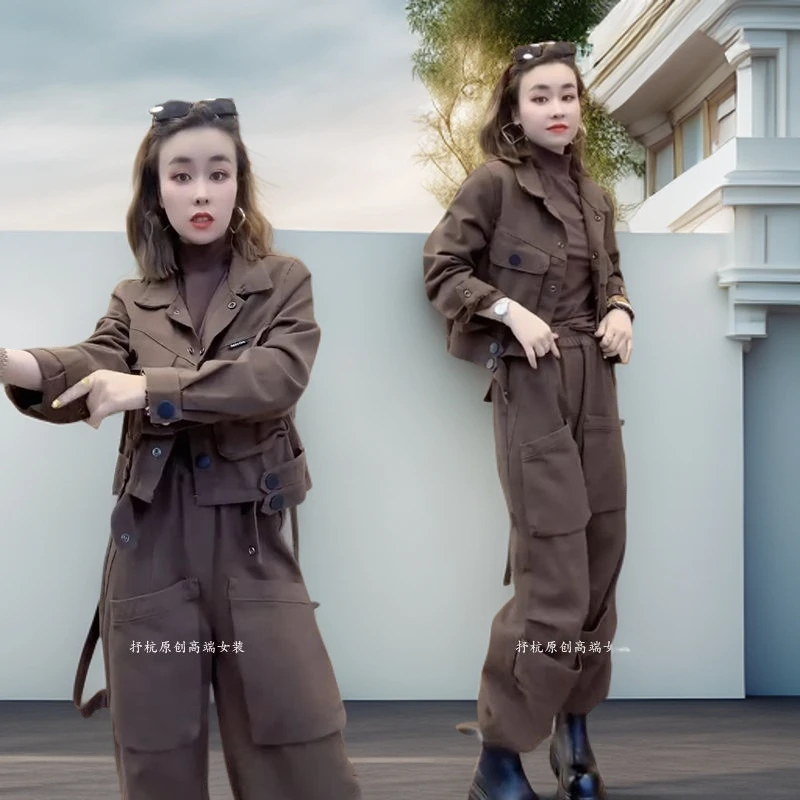 牛仔套装女2025秋季新款欧货洋气工装风长袖短款外套收脚裤两件套