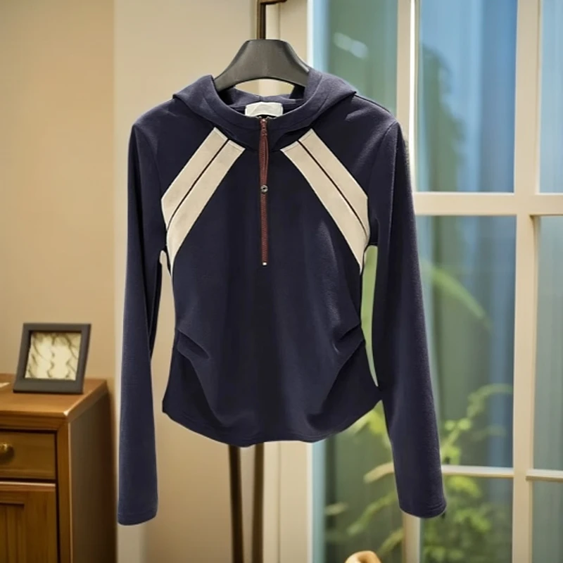 连帽插肩袖拼色短款上衣2025秋季新款胖MM大码时尚显瘦百搭卫衣女