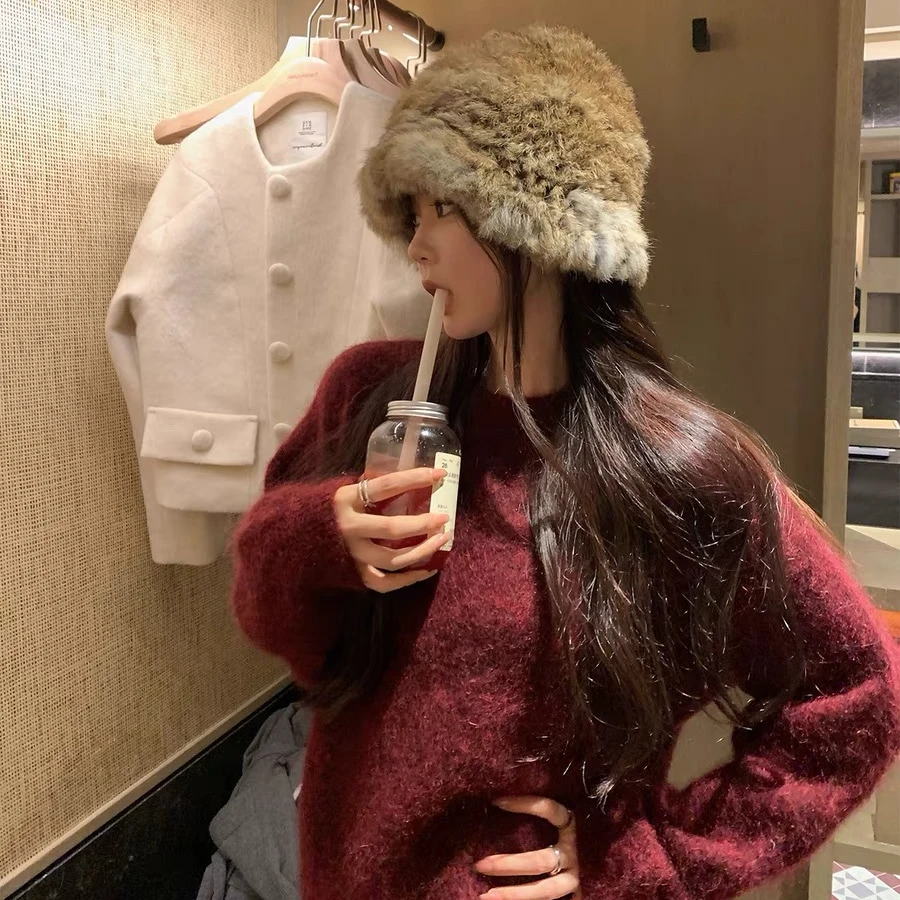 T2278热红酒～安哥拉红混色针织毛衣套头女新款过年衣服女款