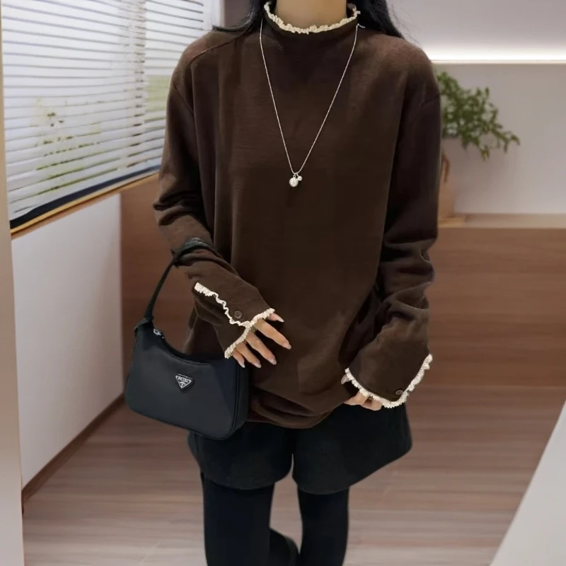 秋冬奥绒蕾丝拼接落肩袖耐磨长袖半高领韩版女打底衫洋气纯色内搭