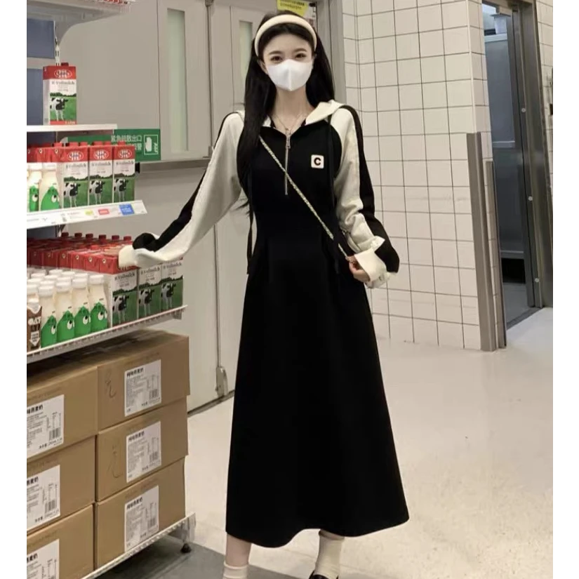 大码胖mm美式复古黑色长袖连帽卫衣连衣裙秋冬高级感拼色长裙子