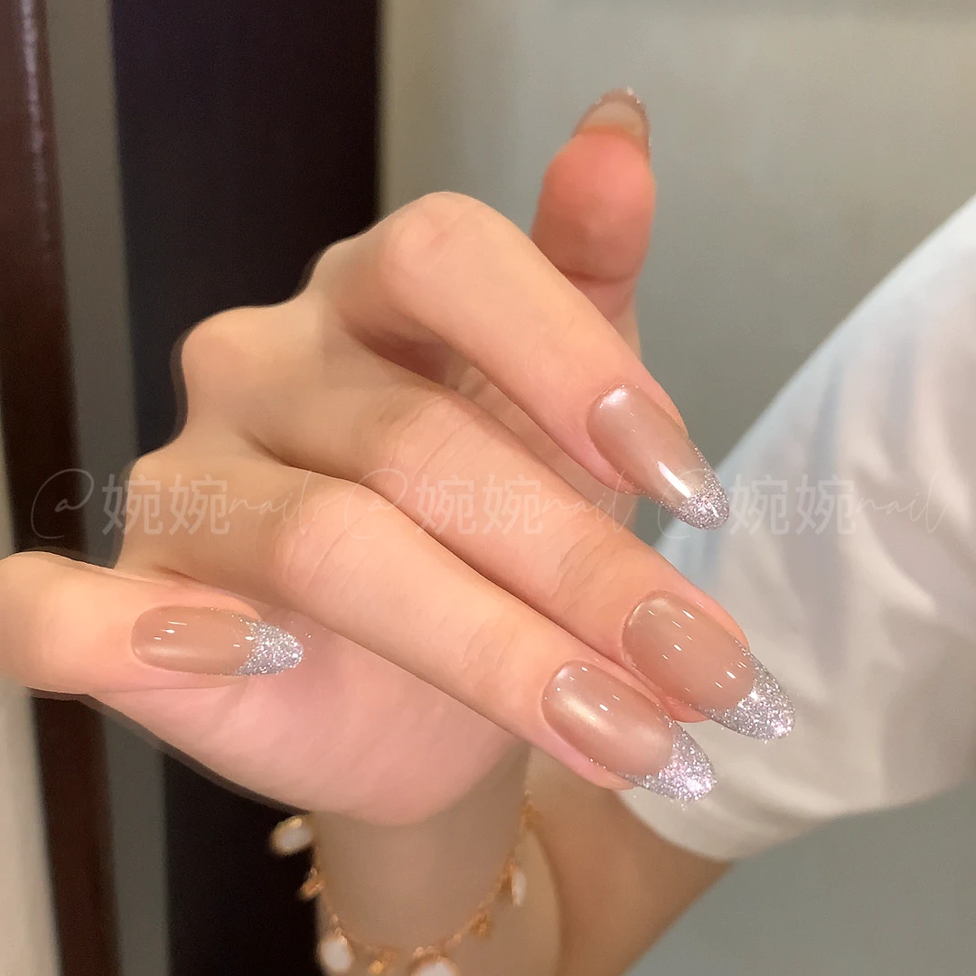 【碎闪粉法式】纯手工手绘法式闪闪猫眼百搭设计穿戴甲