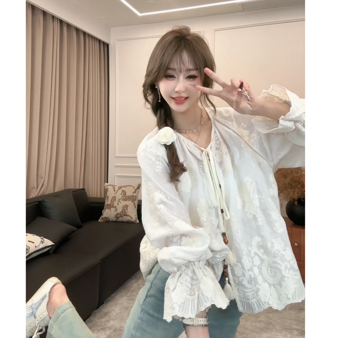 【欧若风】 2025春季法式蕾丝刺绣衬衫百搭韩系宽系带上衣小衫女装