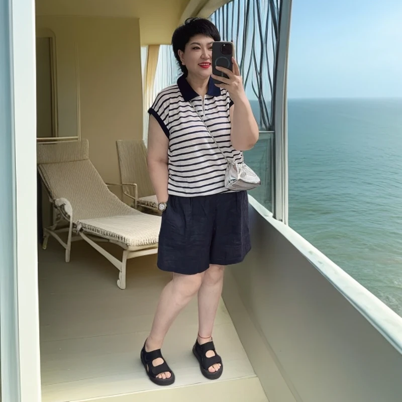 3515 夏季薄款翻领藏蓝条纹半袖衫/it